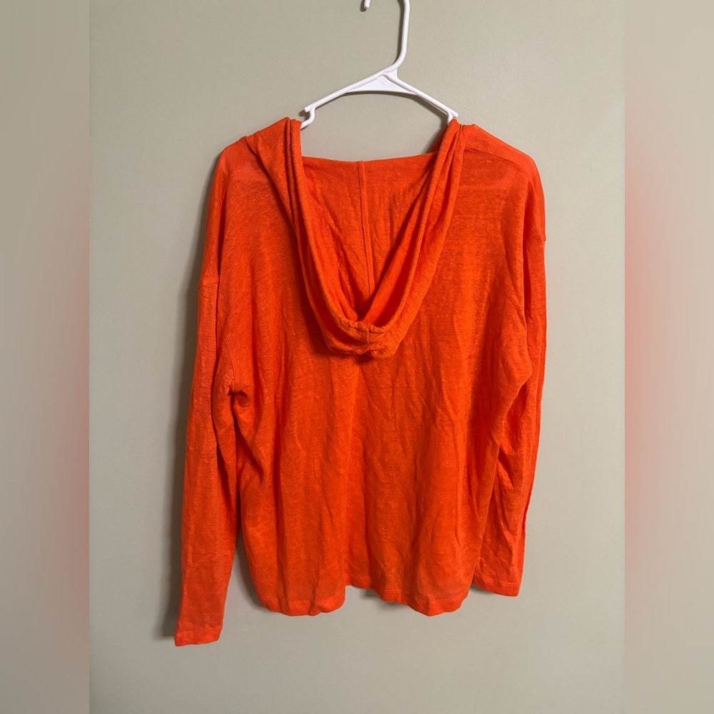 SIGRID OLSEN Orange Slub Knit 100% Linen V-Neck Tassel Tie Hoodie Top Size Large - Picture 2 of 8